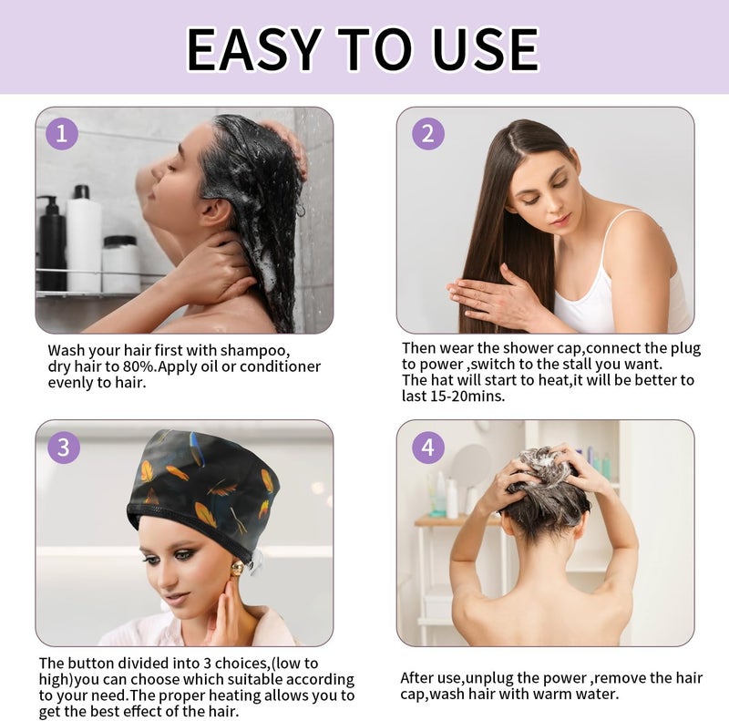 SNEKULI Hair Steamer Cap, Portable Hair Care Hat with 10 Mode Temperature Control, 110V Electric Heating Cap for Hair SPA Beauty Steamer Nourishing Hat Hair Thermal Treatment Cap (Black Feather) - Image 5